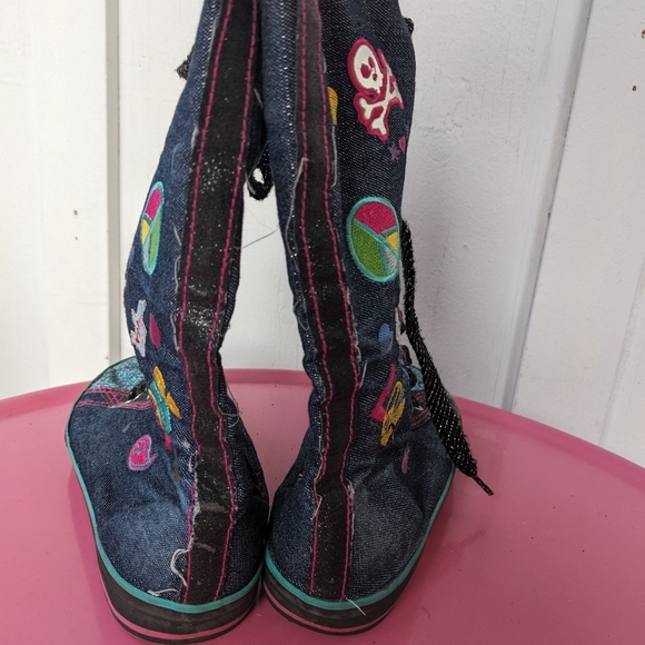 Bongo Girls Size 3 Denim Lace Up Boots with Patches and Sequins - Picture 3 of 7